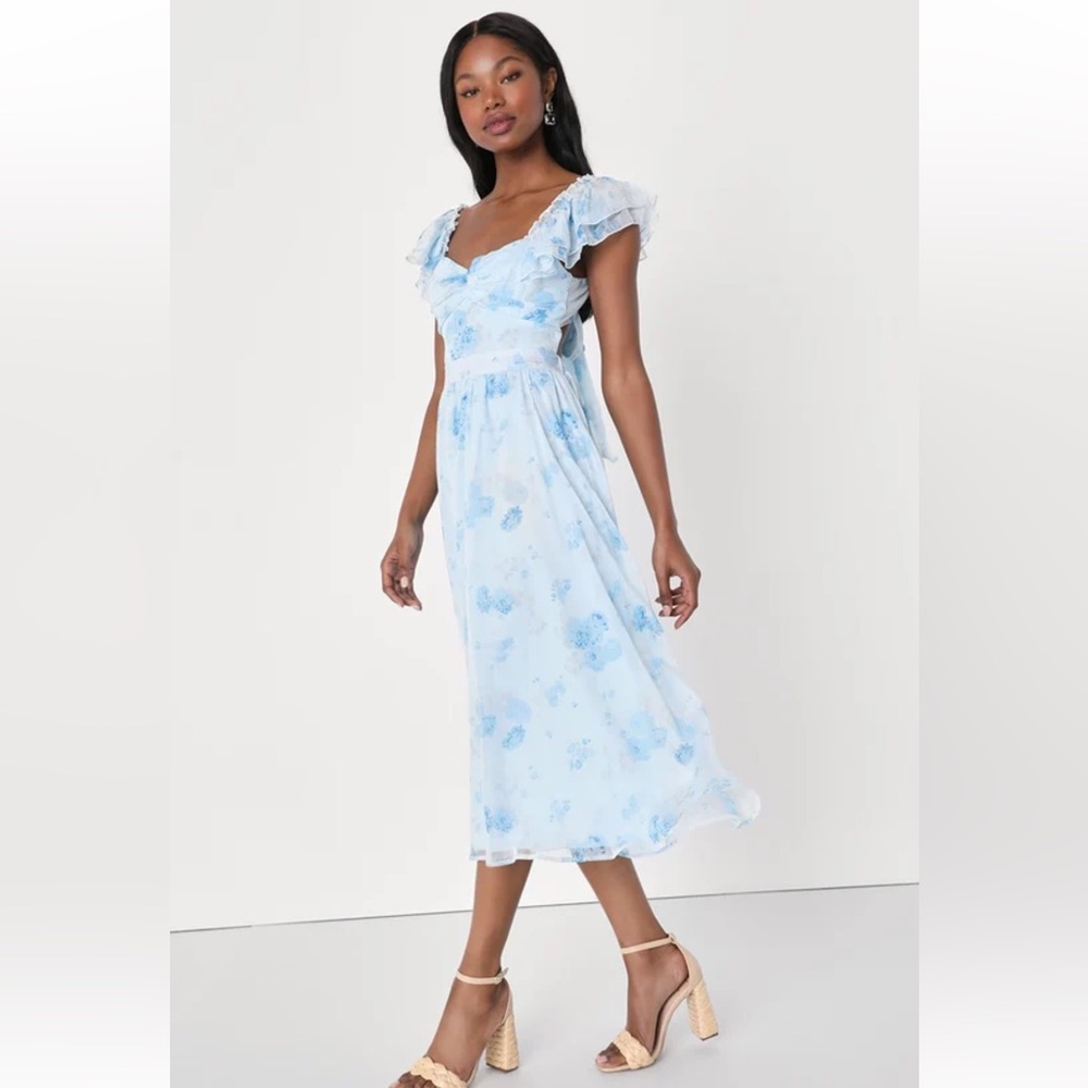 NWT Light Blue Lulus Loveliest Darling Dress XL Floral Ruffled Tie-Back Midi - Picture 3 of 16
